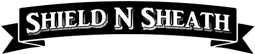Shield N Sheath in white on a black banner