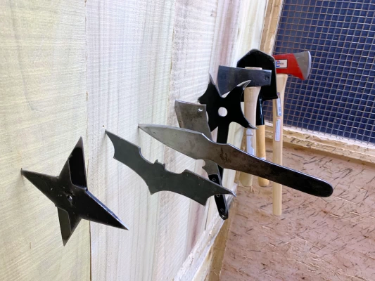 Eight throwing weapons lined up on a target wall from throwing star to double axe.